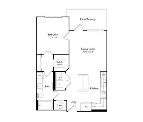 A floor plan of a home with a living room, bedroom, bathroom, and kitchen.